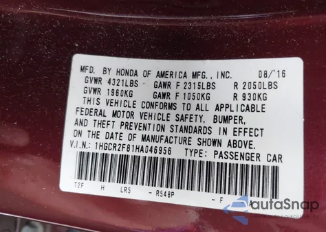 2017 Honda Accord Ex-L из США, поврежденный, VIN 1HGCR2F81HA046956